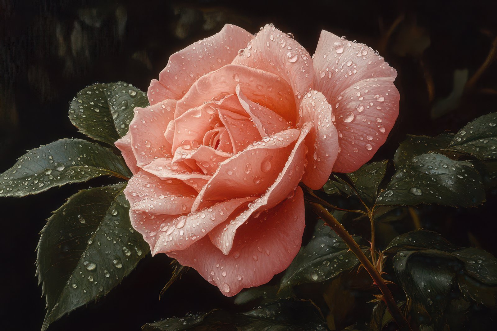 A pink rose with raindrops on its petals sits on a bush, its green leaves also covered in water droplets